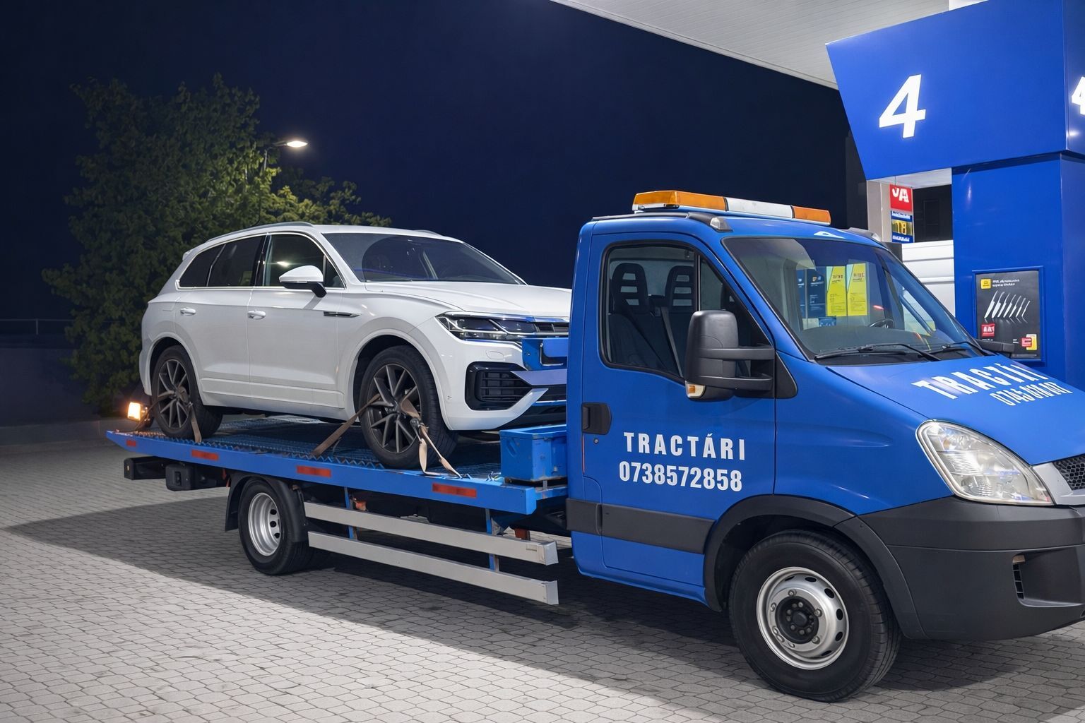 Platformă auto DAR Assist cu un SUV alb, intervenție pe timp de noapte